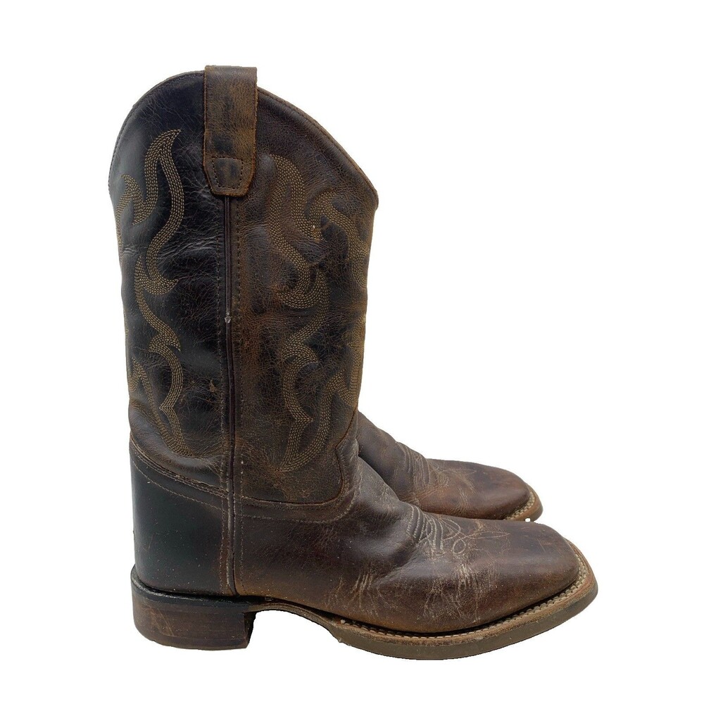 Old West Youth Cowboy Boots Brown Leather Square Toe Size 6.5 D Women’s Sz 8